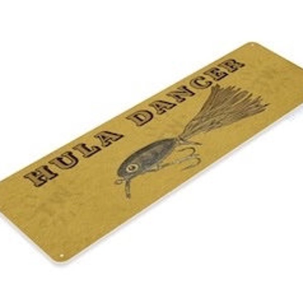 Hula Dancer fishing lure tin sign 11x4 inch retro rod and reel advertising metal ad metal bait cast popper mouse Canada Minnesota Wisconsin