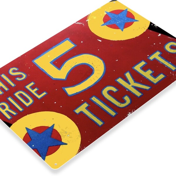 This Ride five tickets Tin Sign 11x8 inch Garage Metal Poster amusement park fair state horse bull bumper car Ferris wheel