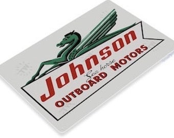 Johnson Outboard Motors 11x8 inch Tin Sign oil fishing ski flat bottom v bottom semi v lake ocean water trolling sales service sea horse