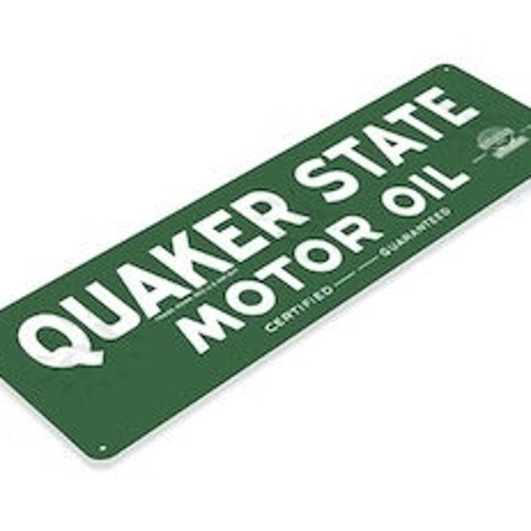 Quaker State 11x4 inch Tin Sign Gasoline globe advertisement ad refining station service lubricants metal poster rusty can gallon jar oiler