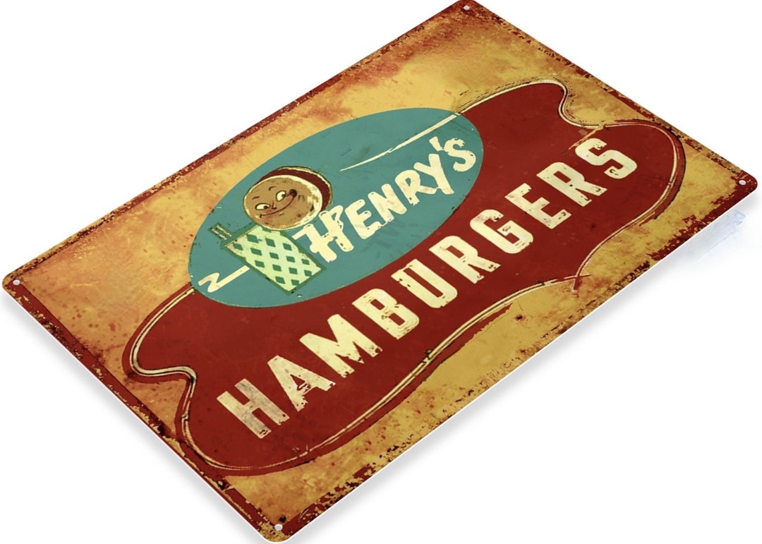 Henrys Hamburgers Tin Sign 11x8 Inch Retro Hamburger Hotdog Concession