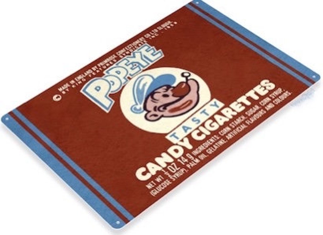 Popeye Candy Cigarettes Tin Sign 11x8 Inch Made in England Primrose