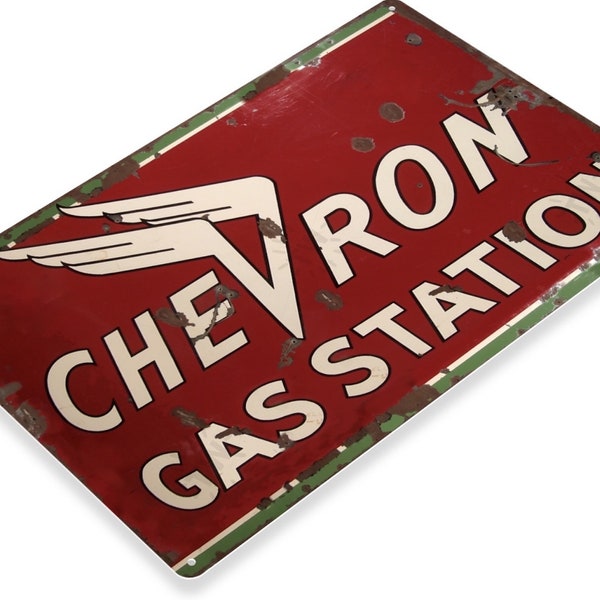 Chevron 11x8 inch Tin Sign Gasoline globe advertisement ad refining station service metal poster rusty can gallon petroleum 1919