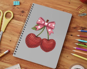 Cuaderno de punto con cerezas, tapa blanda de alambre, tamaño A5