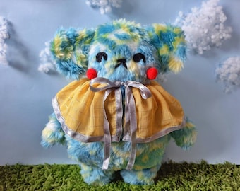 Handmade Plush Teddy Bear, Yellow and Blue Stuffed Animal
