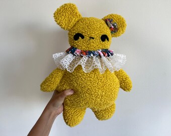 Handmade Bear Plush, Embroidered Floral Accents, Cuddly Friend