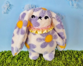 Handmade Plush Bunny, Embroidered Flowers, Cuddly Rabbit