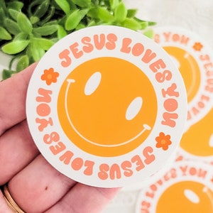 Jesus Loves You Smiley Face Groovy Retro Laminated Vinyl Sticker | Christian Stickers for Bible Journaling, Faith Planning