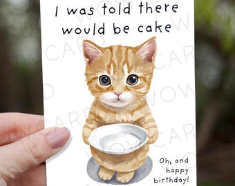 Me dijeron que habría pastel, tarjeta de cumpleaños con meme de gato divertido para mejores amigos, compañeros de trabajo, hermana o hermano, regalo de cumpleaños inusual, acuarela