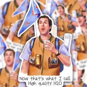 May include: A watercolor illustration of a man holding a cup of water and a flag that says "UC". The man is wearing a brown vest with pockets and a blue shirt. The text below the image says "Now that's what I call High quality H2O".