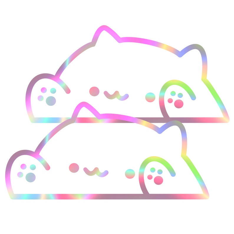 Puede incluir: Dos pegatinas hologr&aacute;ficas de gato con un dise&ntilde;o minimalista. Cada pegatina presenta la cabeza de un gato con orejas redondeadas, una nariz peque&ntilde;a y una boca sonriente. Las pegatinas tienen un brillo de arco&iacute;ris, que refleja varios colores.