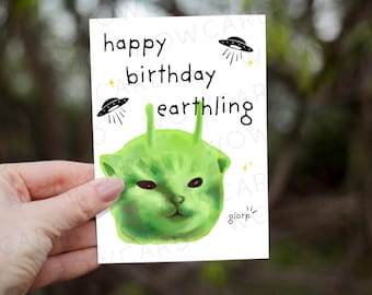 Feliz cumpleaños terrícola glorp, divertidas tarjetas de cumpleaños de memes de gatos de internet, tarjeta para mejores amigos