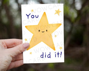 Tarjeta "¡Lo lograste!", ¡Felicitaciones!, estoy orgulloso de ti, tarjetas de felicitación de graduación con estrellas y acuarela.