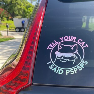 K&ouml;nnte beinhalten: Ein schwarzes Auto mit einem rosa und blauen Aufkleber auf der Heckscheibe. Der Aufkleber lautet "Tell your cat I said pspsps". Der Aufkleber zeigt eine Comic-Katze mit Sonnenbrille.