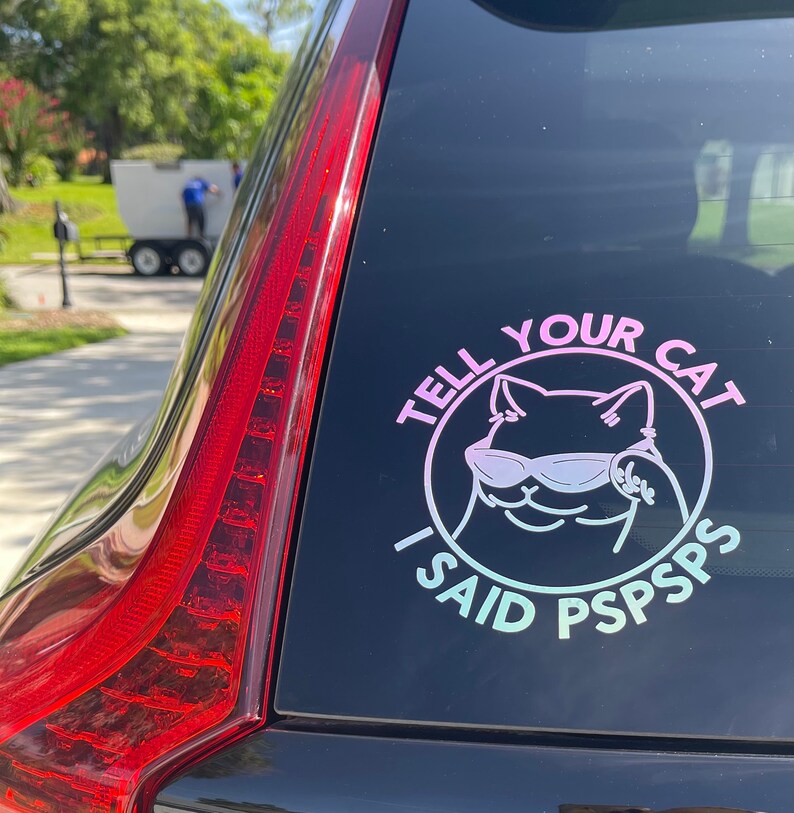 K&ouml;nnte beinhalten: Ein schwarzes Auto mit einem rosa und blauen Aufkleber auf der Heckscheibe. Der Aufkleber lautet "Tell your cat I said pspsps". Der Aufkleber zeigt eine Comic-Katze mit Sonnenbrille.