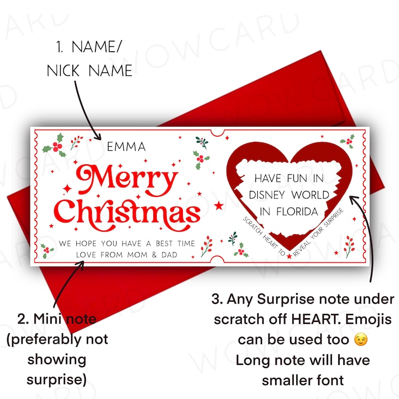 May include: A white Christmas card with a red heart that can be scratched off to reveal a surprise message. The card says "Merry Christmas" and "Have fun in Disney World in Florida".