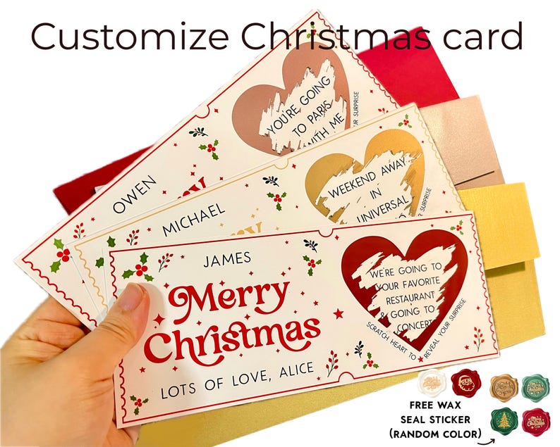 May include: A customizable Christmas card with a red heart and the text "Merry Christmas" and "Lots of Love, Alice". The card has a scratch-off feature to reveal a surprise message. The card is surrounded by envelopes and wax seals.