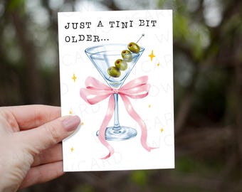 Tarjeta de cumpleaños de Martini un poco más antigua y divertida, tarjeta con juego de palabras con lazo de acuarela