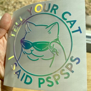 K&ouml;nnte beinhalten: Ein holografischer Aufkleber mit einer Katze, die eine Sonnenbrille tr&auml;gt, und dem Text "I said tell your cat PSPSPS".
