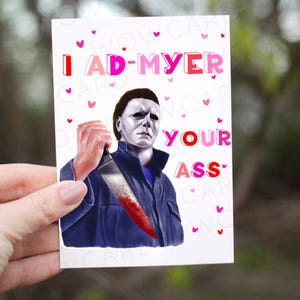 Tarjeta de Michael Myer, te amo, tarjeta divertida del día de San Valentín, linda tarjeta de Halloween, tarjeta de terror del día de San Valentín, juego de palabras romántico para San Valentín