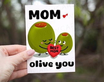 Mom Olive you, mothers day card, gift for mom, love you mom, birthday card mom, card from daughter, funny mom gift, Food pun card for mom