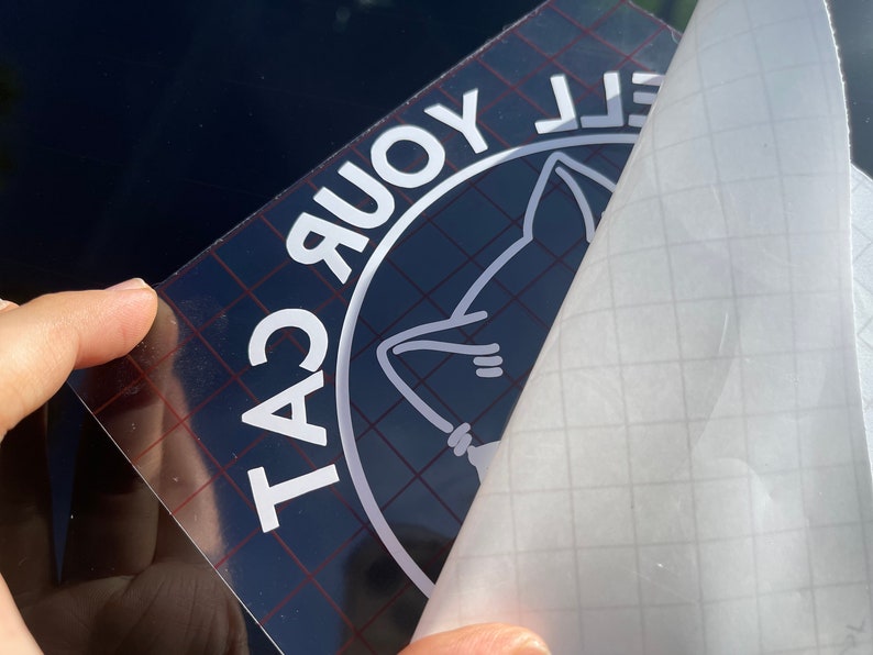 K&ouml;nnte beinhalten: Ein wei&szlig;er Vinyl-Aufkleber mit einem schwarzen Kreis um den Text "TAC YOUR CAT" und einer wei&szlig;en Silhouette einer Katze im Kreis. Der Aufkleber wird von einer transparenten Transferfolie abgezogen.
