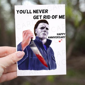 Tarjeta de aniversario de Michael Myers, divertida tarjeta de Halloween, tarjeta de amor personalizada, tarjetas de películas de terror, regalo de terror para parejas, tarjeta de amor romántica