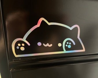 Bongo Cat Hologram Vinyl Sticker, Bongo Cat meme stickers, Laptop Planner Decal, Cat rainbow color sticker, Car Bumper cat sticker 6 inches