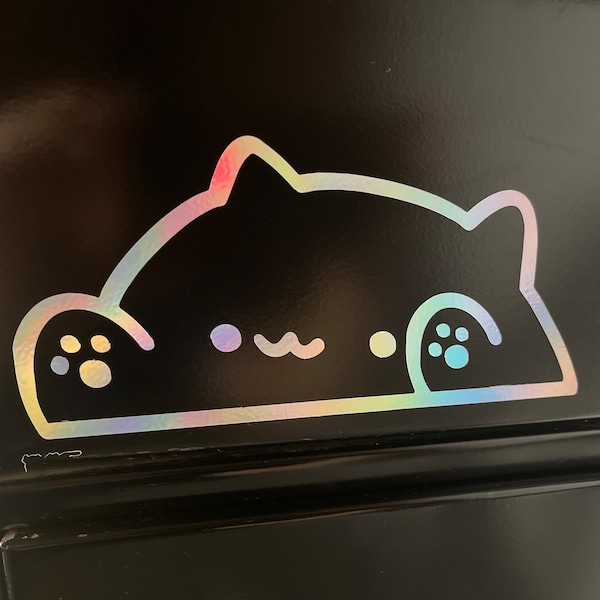 Bongo Cat Hologram Vinyl Sticker, Bongo Cat meme stickers, Laptop Planner Decal, Cat rainbow color sticker, Car Bumper cat sticker 6 inches