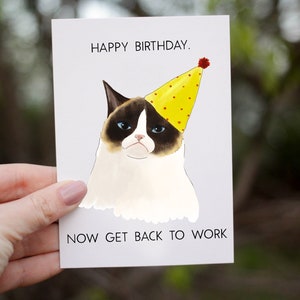 Tarjeta de cumpleaños de gato gruñón, divertida tarjeta de feliz cumpleaños, ahora vuelve al trabajo, gato malhumorado, linda tarjeta humorística para mejores amigos y compañeros de trabajo