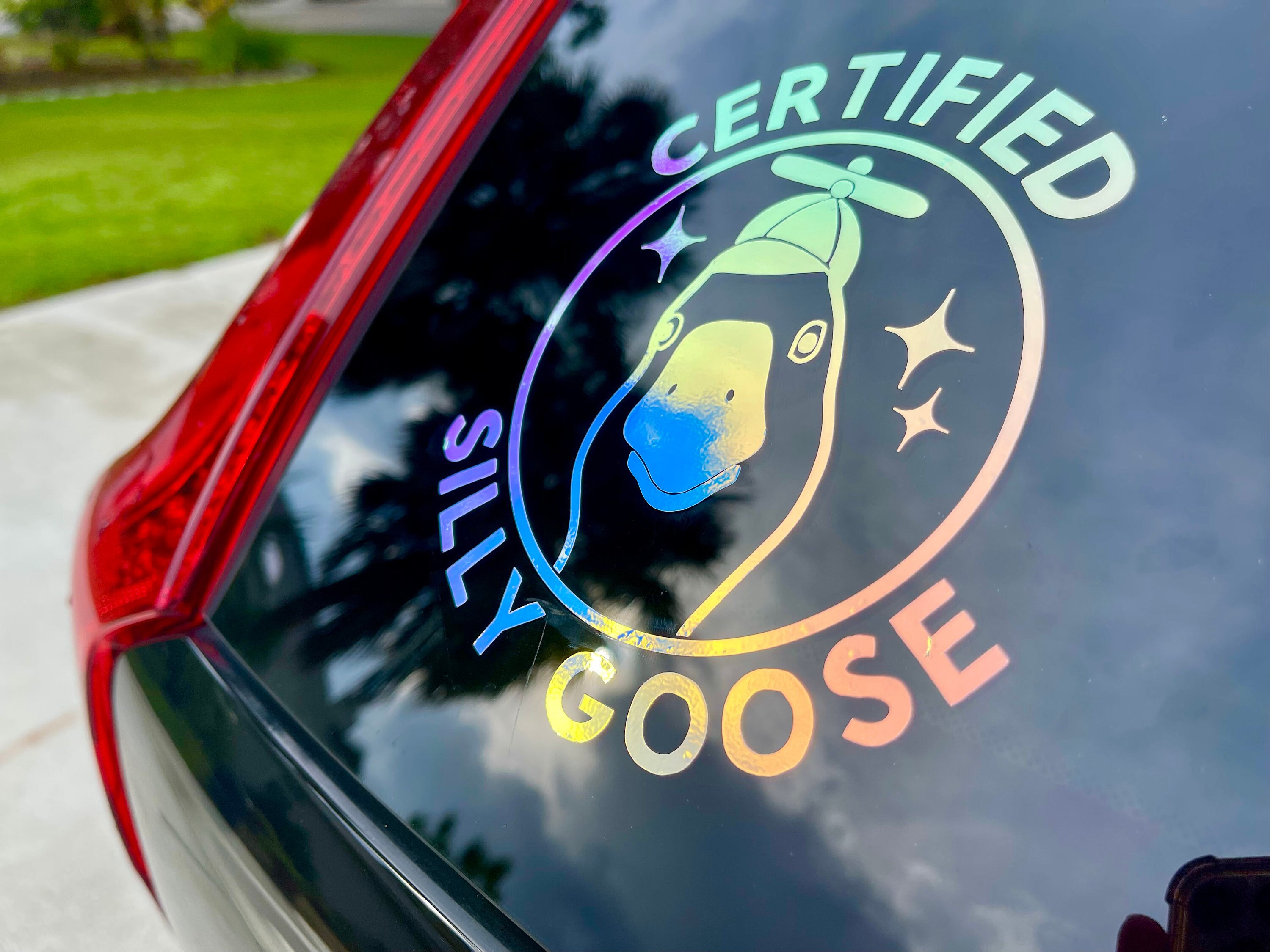 Certified Silly Goose On Board Holographic Bumper Car Window Transfer Sticker decals, Cute Duck Goose Meme Sticker Weather Proof Vinyl decal