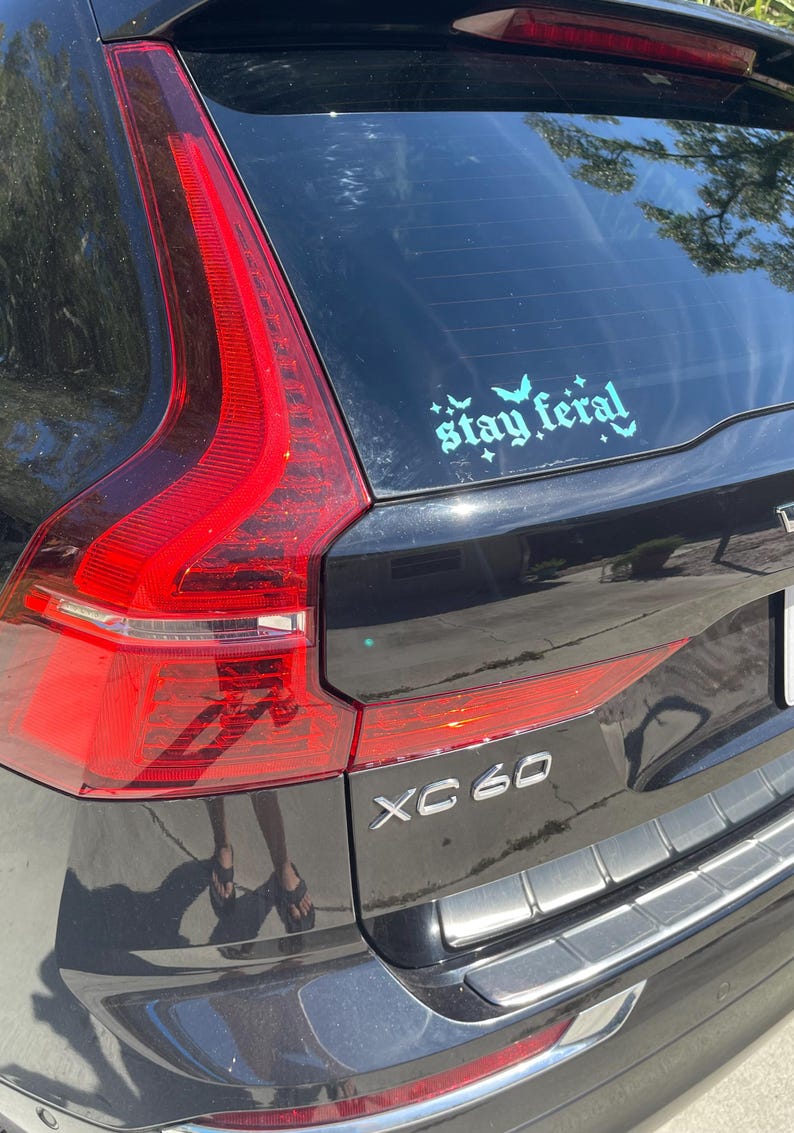 May include: A black SUV with a "stay feral" sticker on the back window. The sticker is in a light blue color with a gothic font and features bats and stars. The car has a silver "XC60" emblem on the back.