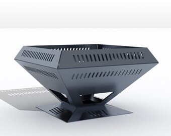 May include: A black metal fire pit with a square base and a pyramid-shaped top. The fire pit has a decorative pattern of holes around the edges.