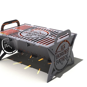 May include: A black metal grill with a star-shaped base and a grill grate. The grill has a cut-out design with the words "US BORDER PATROL" and a star. The grill is lit and has orange flames underneath.