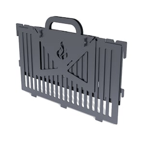 K&ouml;nnte beinhalten: Ein schwarzer Grillrost aus Metall mit einem Griff. Der Rost ist zusammengeklappt und hat ein Flammenmuster auf der Vorderseite.