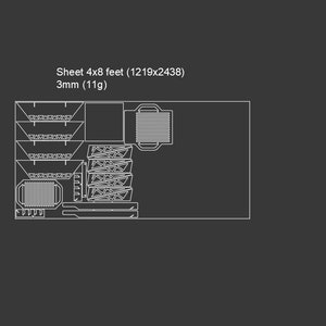 May include: A diagram of a sheet of 3mm thick material, measuring 4 feet by 8 feet (1219mm x 2438mm). The sheet is divided into sections with various shapes and sizes.