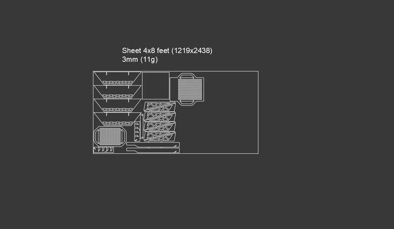 May include: A diagram of a sheet of 3mm thick material, measuring 4 feet by 8 feet (1219mm x 2438mm). The sheet is divided into sections with various shapes and sizes.