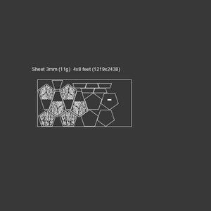 K&ouml;nnte beinhalten: Eine Schwarzwei&szlig;-Linienzeichnung eines geometrischen Musters. Das Muster besteht aus Sechsecken und F&uuml;nfecken. Der Text "Sheet 3mm (11g) 4x8 feet (1219x2438)" befindet sich oben im Bild.