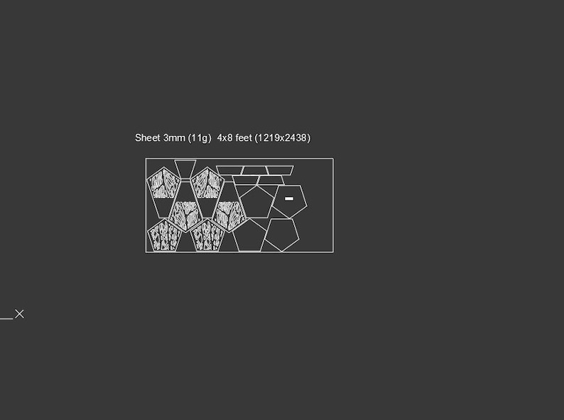 K&ouml;nnte beinhalten: Eine Schwarzwei&szlig;-Linienzeichnung eines geometrischen Musters. Das Muster besteht aus Sechsecken und F&uuml;nfecken. Der Text "Sheet 3mm (11g) 4x8 feet (1219x2438)" befindet sich oben im Bild.