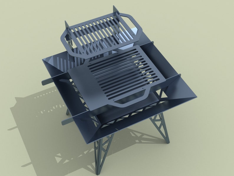 May include: A black metal fire pit with two grilling grates. The fire pit has a square base and four legs.