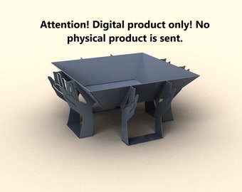 May include: A grey metal fire pit with a square top and four hand-shaped legs. The fire pit is designed for outdoor use.