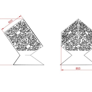 May include: A black and white line drawing of two different designs for a 3D printed cube. The cube is 600 mm wide and 1167 mm tall. The base of the cube is 853 mm wide.