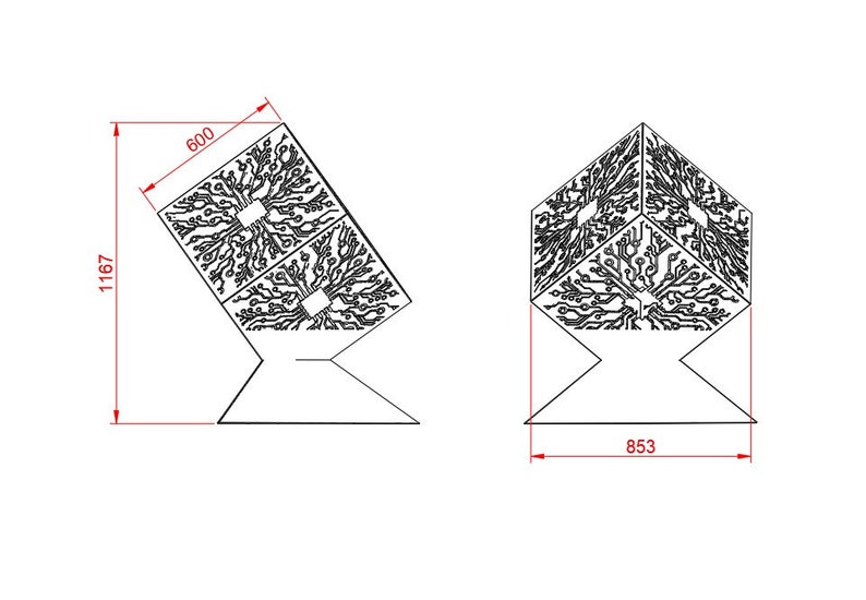 May include: A black and white line drawing of two different designs for a 3D printed cube. The cube is 600 mm wide and 1167 mm tall. The base of the cube is 853 mm wide.