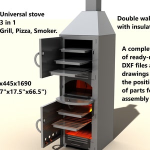 Four universel (grill, pizza, fumoir). Plan de bricolage. Un ensemble de fichiers DXF + dessins pour l&#39;assemblage. Découpe plasma de fichiers DXF. Produit numérique