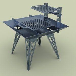 May include: A black metal outdoor grill with a square cooking surface and a smaller, raised shelf. The grill has a geometric, triangular design on the legs.