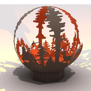 May include: A metal fire pit shaped like a sphere with a cut-out design of a forest scene. The scene includes trees, a cabin, and a deer. The fire pit is on a hexagonal base.