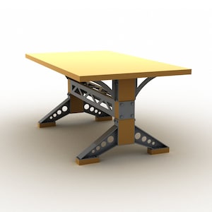 Può includere: Un tavolo rettangolare in legno con un piano di colore marrone chiaro e una base in metallo. La base è realizzata con una serie di barre di metallo interconnesse e ha una finitura nera. Il tavolo ha un design industriale moderno.