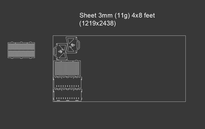 K&ouml;nnte beinhalten: Eine wei&szlig;e Linienzeichnung eines 4x8 Fu&szlig; gro&szlig;en Materials mit einer Dicke von 3 mm und einem Gewicht von 11 Gramm. Das Blatt ist in mehrere Abschnitte unterteilt, wobei einige Abschnitte ein Gittermuster und andere ein einfaches Design enthalten. Der Text "Sheet 3mm (11g) 4x8 feet (1219x2438)" steht oben im Bild.
