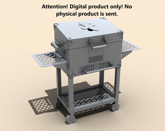 Könnte beinhalten: Ein grauer Grill aus Metall mit Deckel und Rädern. Der Grill hat ein dekoratives Design auf dem Deckel und einen Griff an der Vorderseite. Der Grill steht auf einem Gestell mit einem Regal darunter.