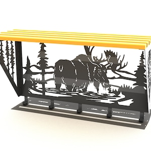 May include: Black metal wall-mounted shelf with a moose silhouette design and yellow wooden slats. The shelf is mounted on a white wall.